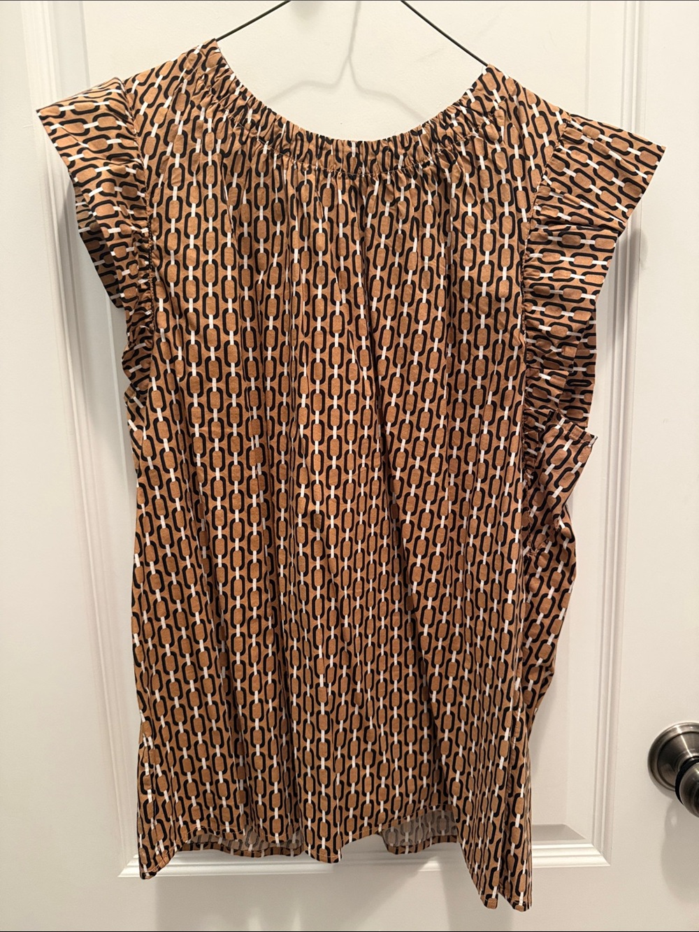 LOFT Brown Geometric Flutter Sleeve Blouse